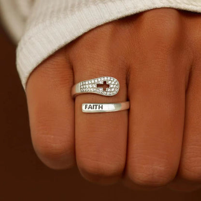 Silver Faith & Cross Zircon Ring