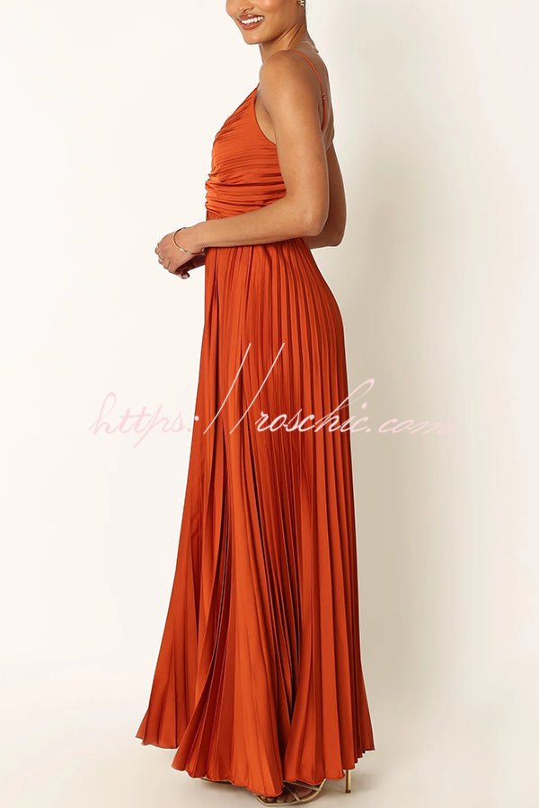 Catch the Light Satin Pleated V-neck Slip Maxi Dress