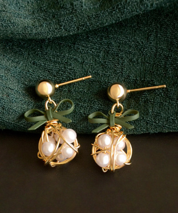 White Alloy Pearl Bow Drop Earrings