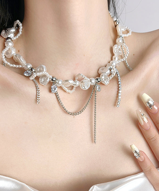 White Copper Zircon Pearl Chain Lariat Necklace