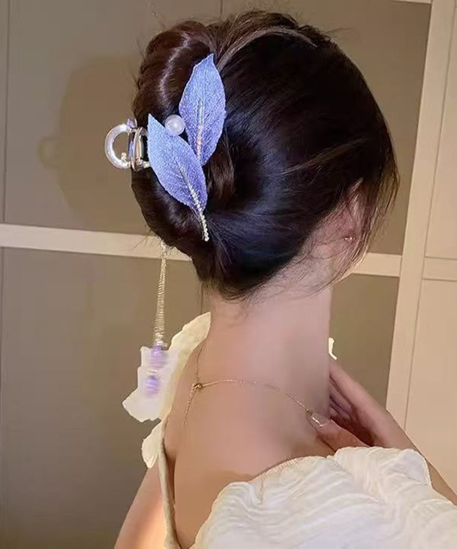 Purple Alloy Zircon Pearl Leaf Tassel Hairpin