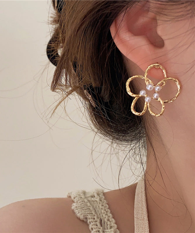 Gold Copper Overgild Pearl Hollow Out Stud Earrings
