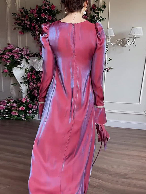 A-line Long Sleeves Pleated Color Tied Waist Zipper Round-neck Maxi Dresses