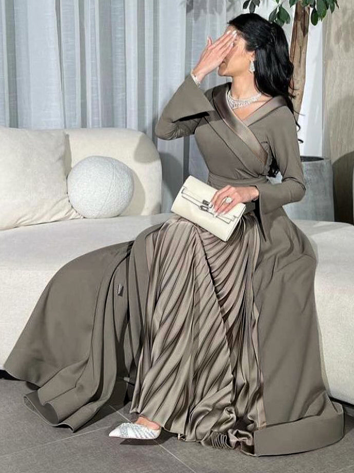 A-line Wrap Pleated Color Split-joint V-neck Maxi Dresses