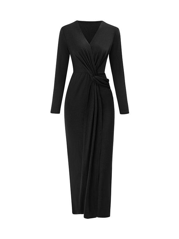 Bodycon Long Sleeves Bowknot Color V-neck Maxi Dresses