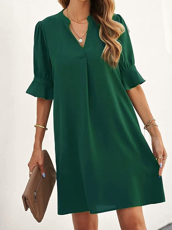 A-line Flared Sleeves Pleated Ruffled Color Split-joint V-neck Mini Dresses