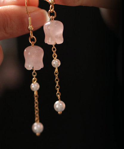 Pink Copper Overgild Crystal Pearl Lily of the Valley Tassel Drop Earrings