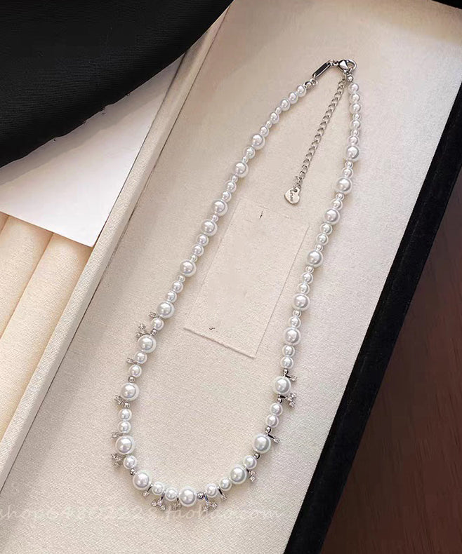 White Alloy Zircon Pearl Beading Gratuated Bead Necklace