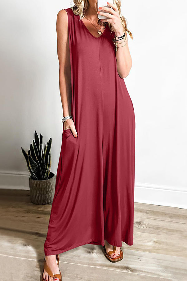 Color V-neck Sleeveless Loose Pocket Wide-leg Jumpsuit