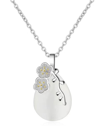 Cyan Sterling Silver Jade Water Drop Cherry Blossoms Pendant Necklace