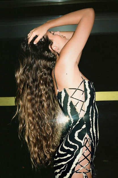 Striped Print Cutout Tie Bodycon Maxi Dress