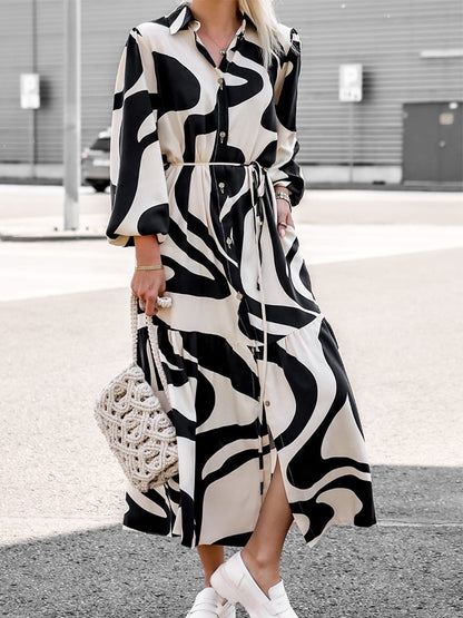 Geometric Printed Long Sleeves Buttoned Slit Shirt Maxi Dress
