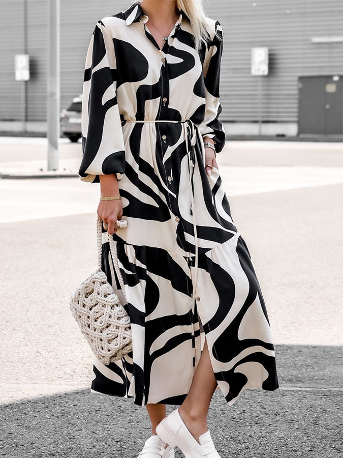 Geometric Printed Long Sleeves Buttoned Slit Shirt Maxi Dress