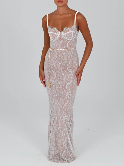 Lace Paneled Suspender Slim Maxi Dress With Belt