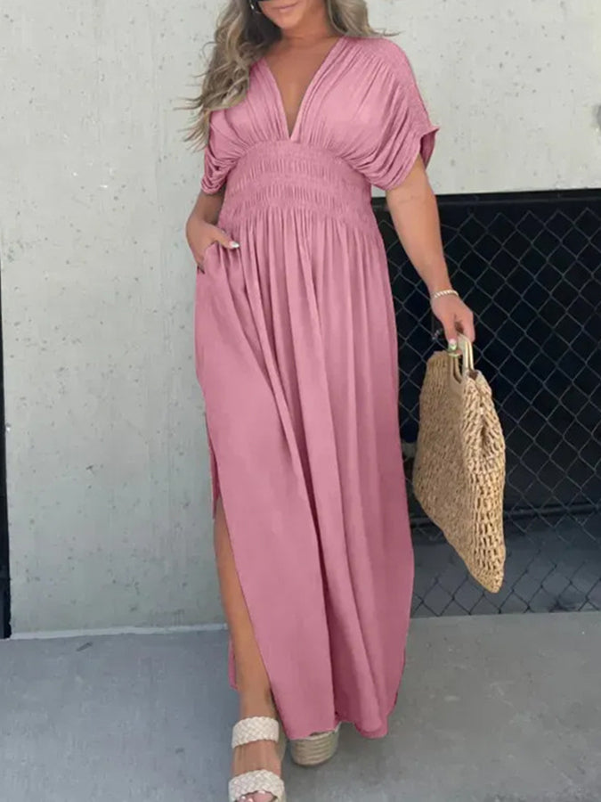 V Neck Batwing Sleeves Elastic Waist Maxi Dress