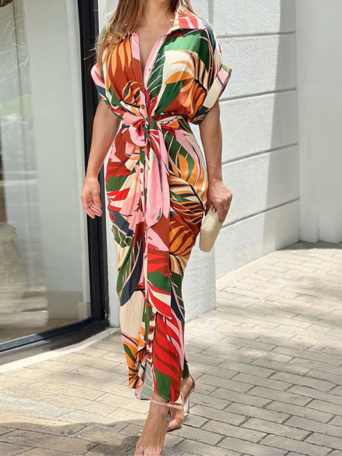 Printed Short Sleeves High Waist Shirt Maxi Dress