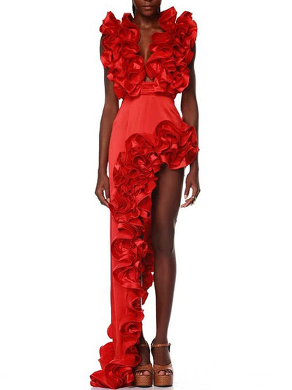 Red Flower Frilled One Shoulder Bikini Swimsuit and Skirt