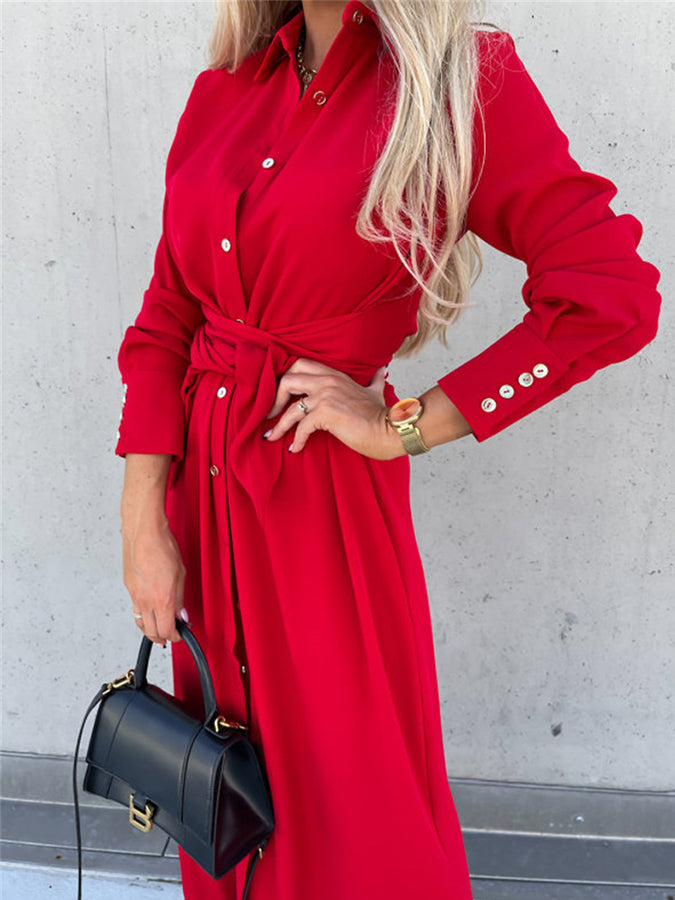 Shirt Collar Long Sleeves Buttoned Maxi Dress