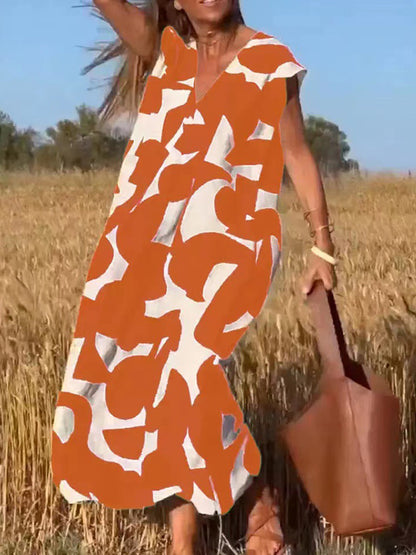 V Neck Short Sleeves Geometric Printed Maxi Dress