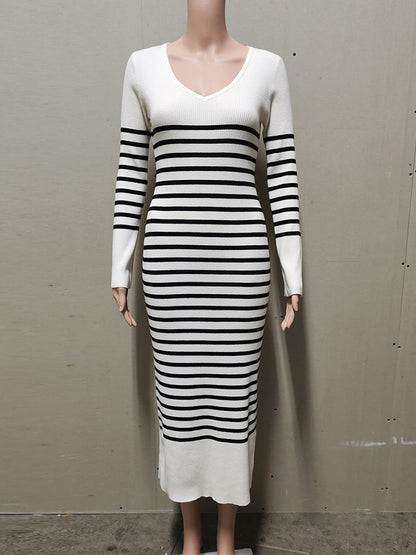 Long Sleeves Stripes Knitted V Neck Maxi Dress