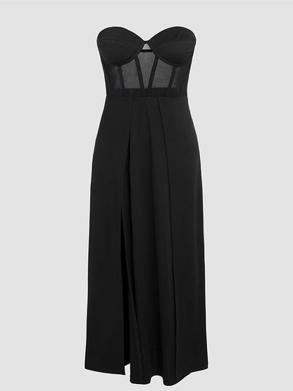 Off Shoulder Mesh Paneled Slim Slit Maxi Dress