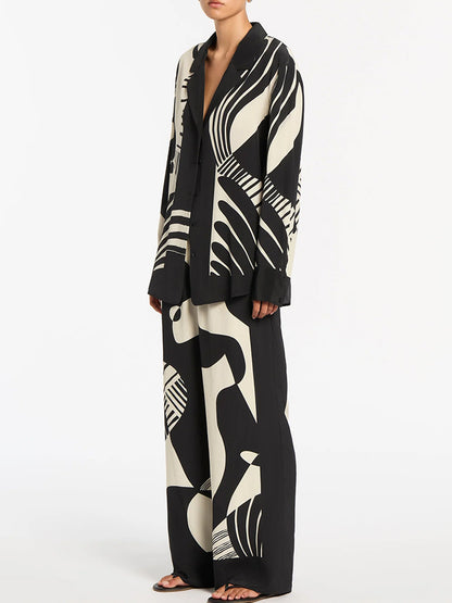 Long Sleeves Printed Blouse and Pants Sets