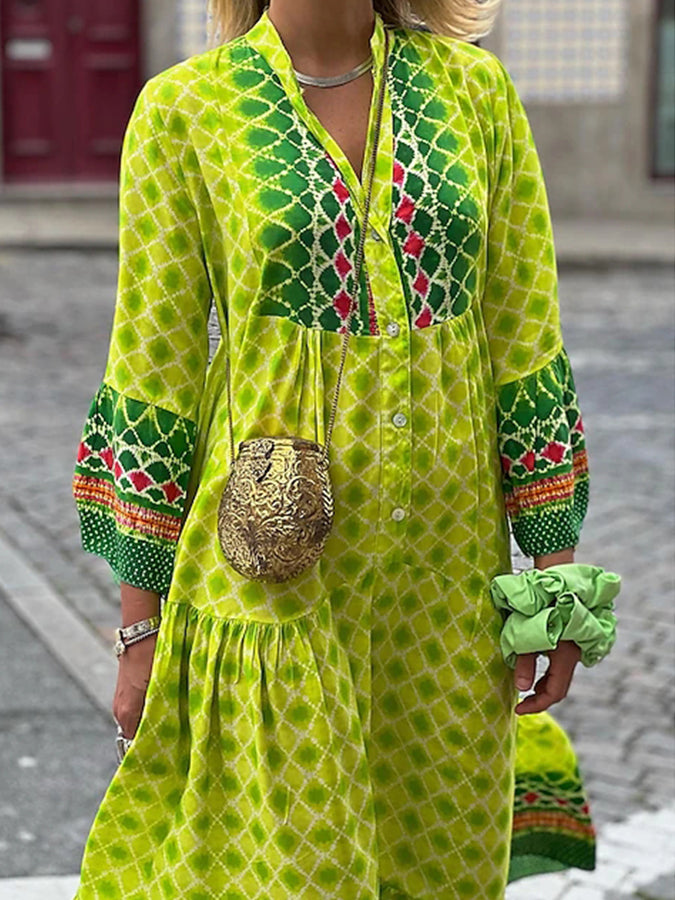 Tribal Long Sleeves Printed Loose Maxi Dress