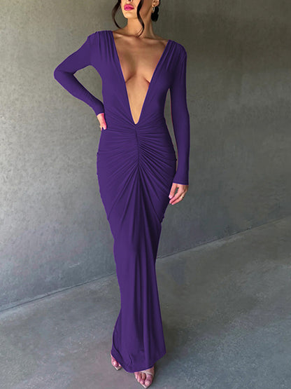 Long Sleeves V Neck Slim Maxi Dress