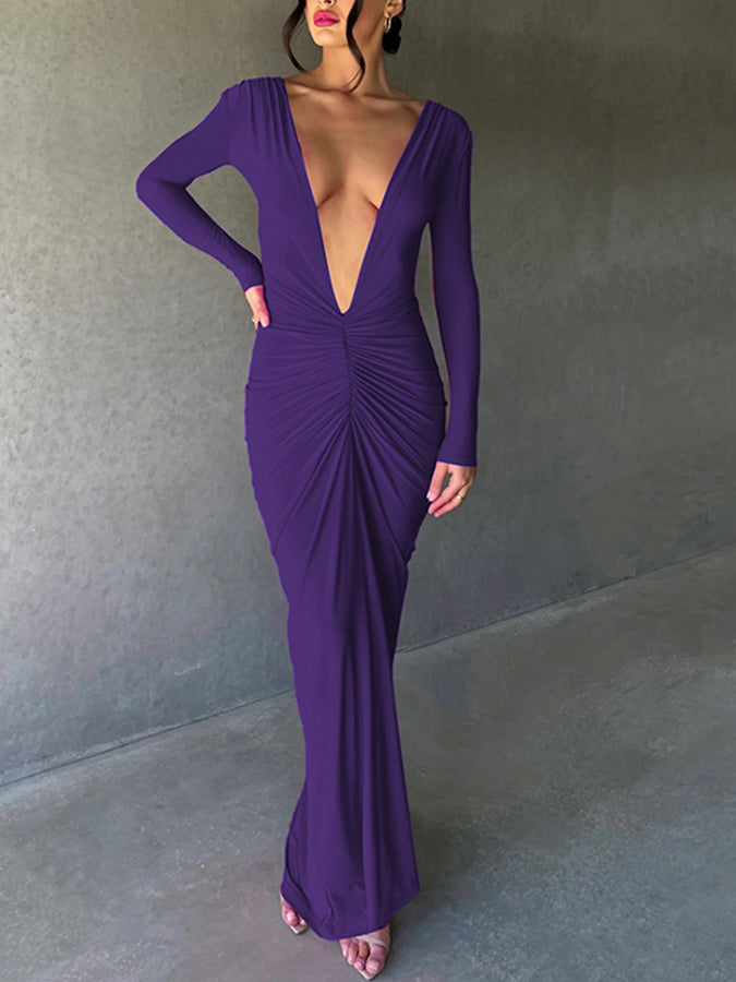 Long Sleeves V Neck Slim Maxi Dress