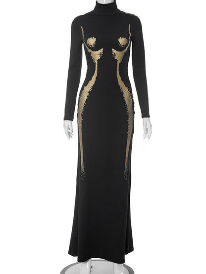 Long Sleeves Printed Slim Maxi Dress