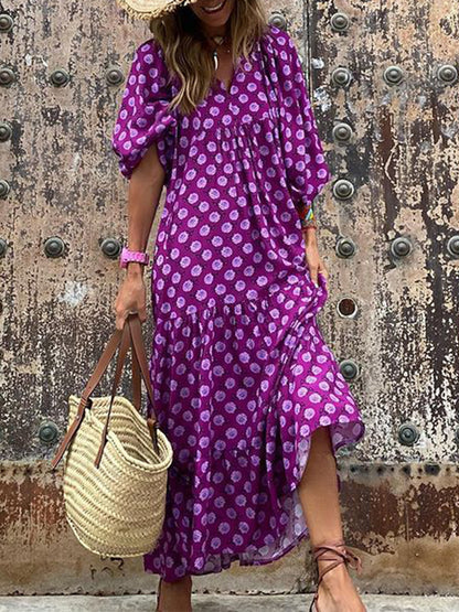 Geometric Print Puff Sleeve Maxi Dress