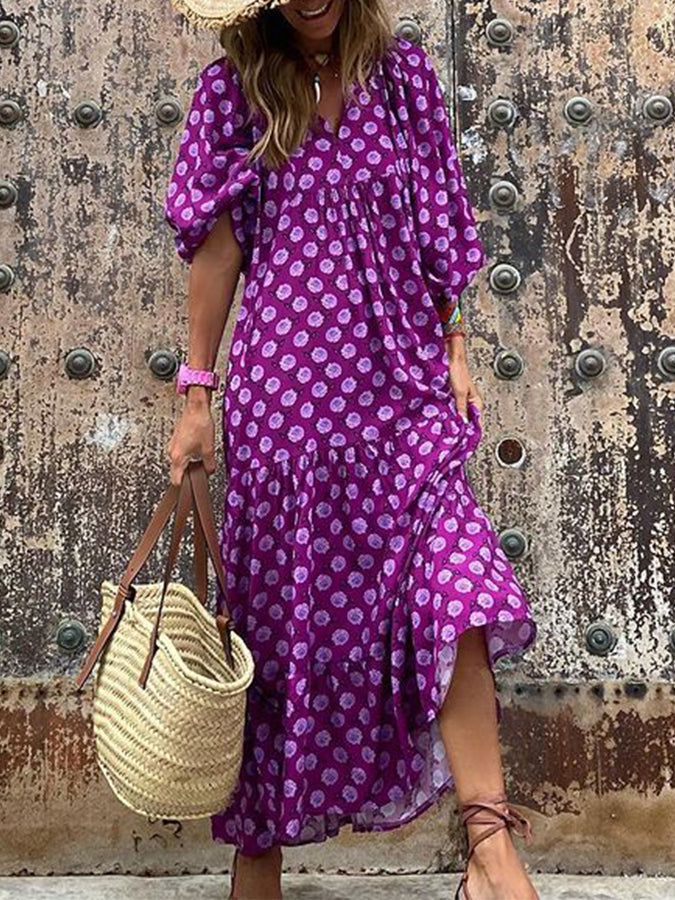 Geometric Print Puff Sleeve Maxi Dress
