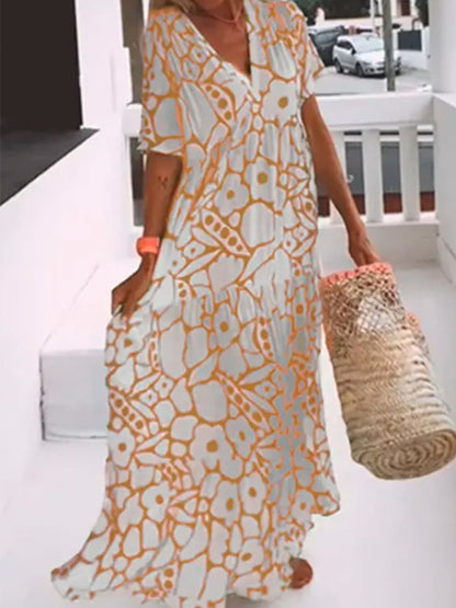 Short Sleeves V Neck Printed Maxi Dress