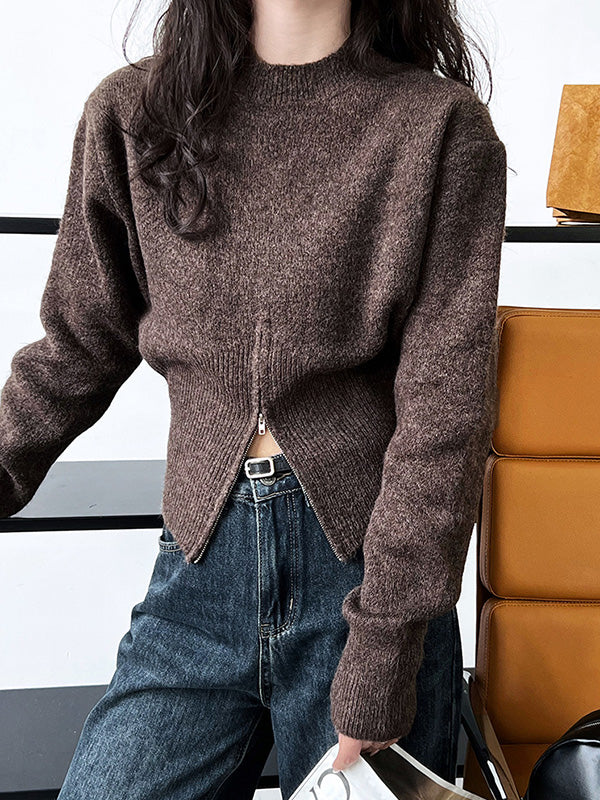 Urban Coffee Mock Neck Zipper Slit Hem Long Sleeve Sweater Qx004