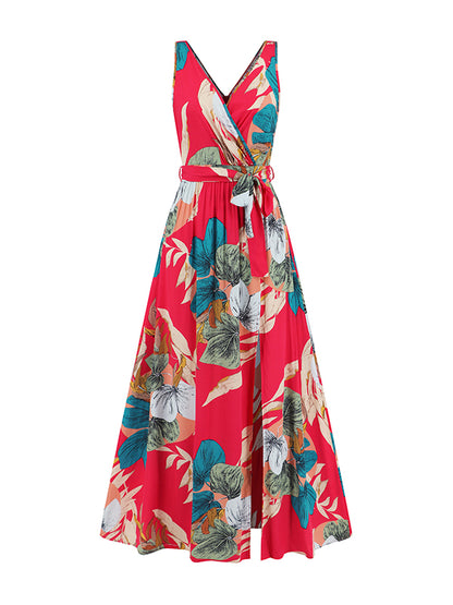 A-line Loose Flower Print Pleated Split-front Tied Waist V-neck Maxi Dresses