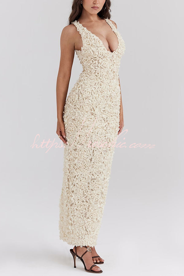 Champagne Party Rose Applique Slit Pencil Maxi Dress