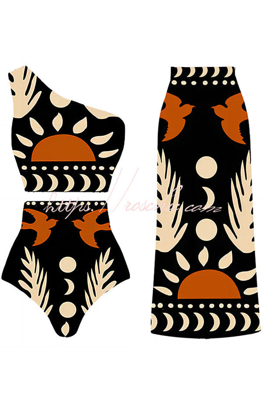 Abstract Art Birds and Sun Print Color Block High Waist Bikini and Skirt