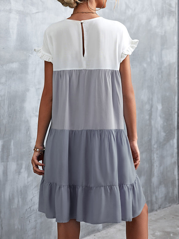 Loose Ruffle Sleeves Contrast Color Falbala Pleated Split-joint Round-neck Mini Dresses