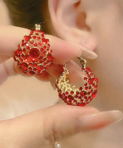 Red Copper Overgild Inlaid Zircon Hollow Out Water Dropstud Earrings
