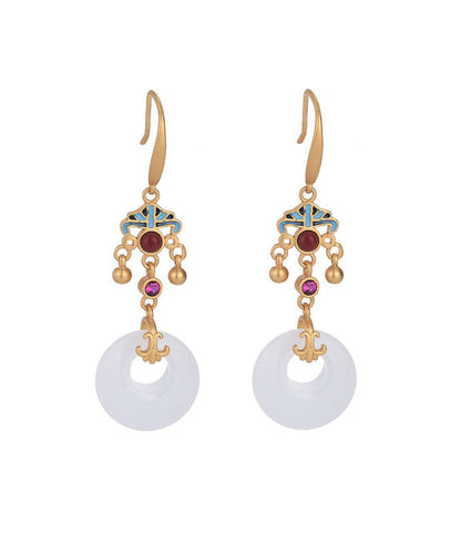 Boutique White Ancient Gold Enamel Cloisonne Jade Ping Buckle Drop Earrings
