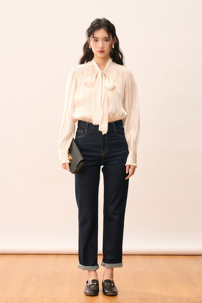 Shiny Ribbon-tie Romantic Blouse