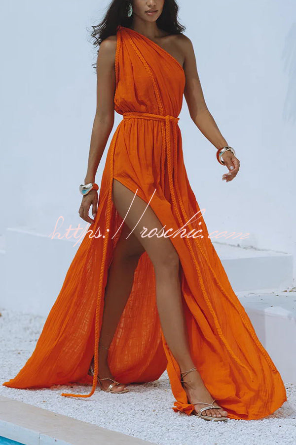 Avani Linen Blend Draped Braids One Shoulder Slit Cover Up Maxi Dress