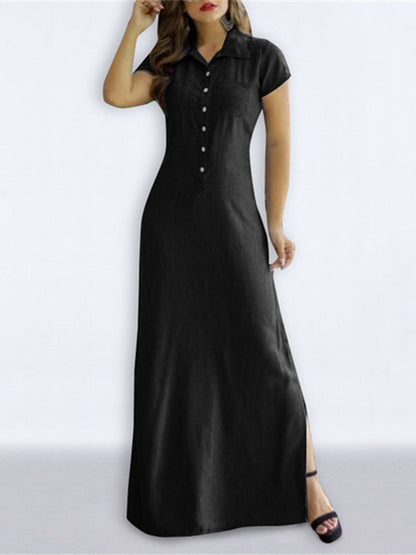 High Waisted Buttoned Pockets Split-side Lapel Maxi Dresses