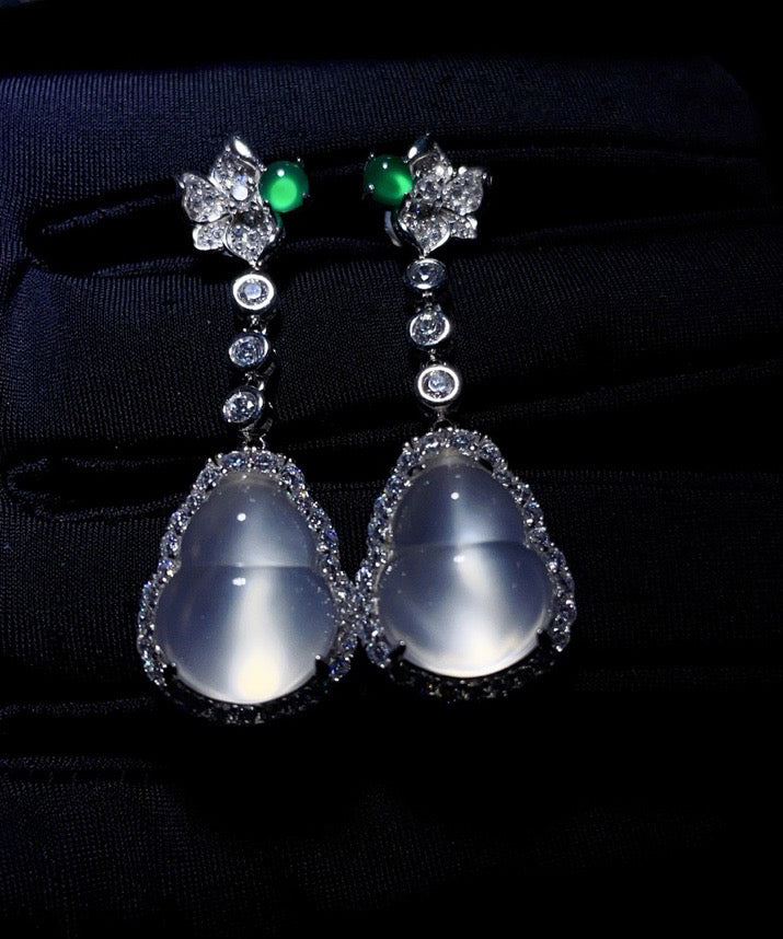 Nude Sterling Silver Inlaid Zircon Jade Gourd Drop Earrings