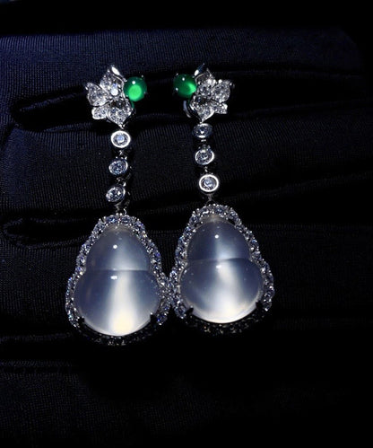 Nude Sterling Silver Inlaid Zircon Jade Gourd Drop Earrings