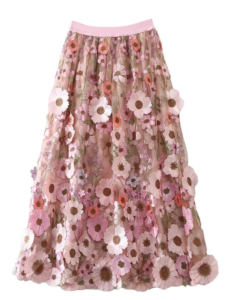 Stylish Black Elastic Waist Embroidery Patch Tulle Skirt