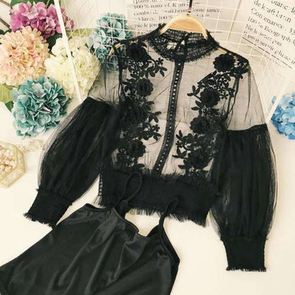 Grey Stand Collar Embroidery Flowers Sheer Lace Lantern Sleeve Blouse