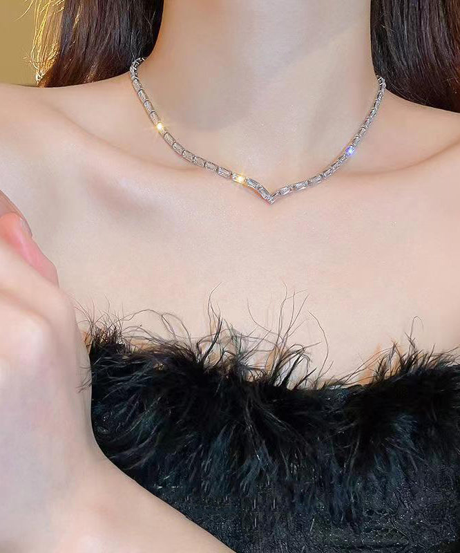 Silk Sterling Silver Zircon V Shaped Necklace