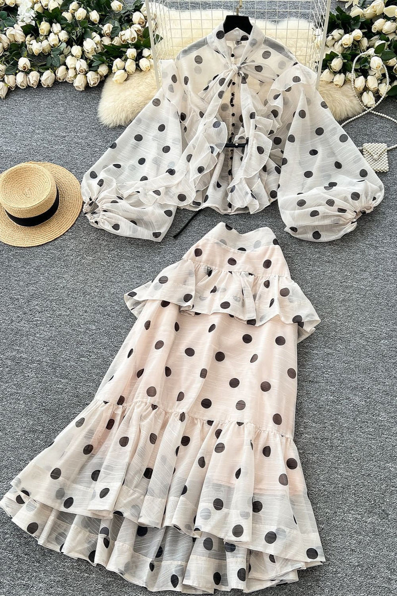 Polka Dot Blouse Mermaid Skirt Two Pieces Set