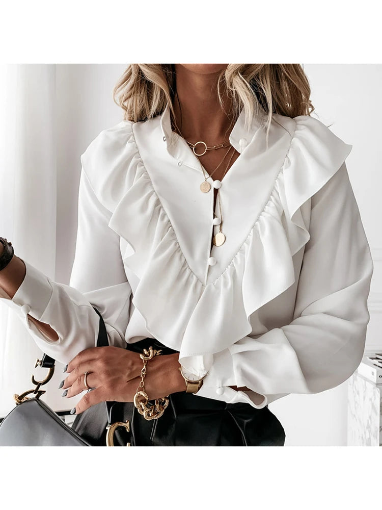 Leopard Dot Print Ruffle Blouse Shirt Autumn Winter Long Sleeve Shirts Office Lady V-neck Button Tops Blusa